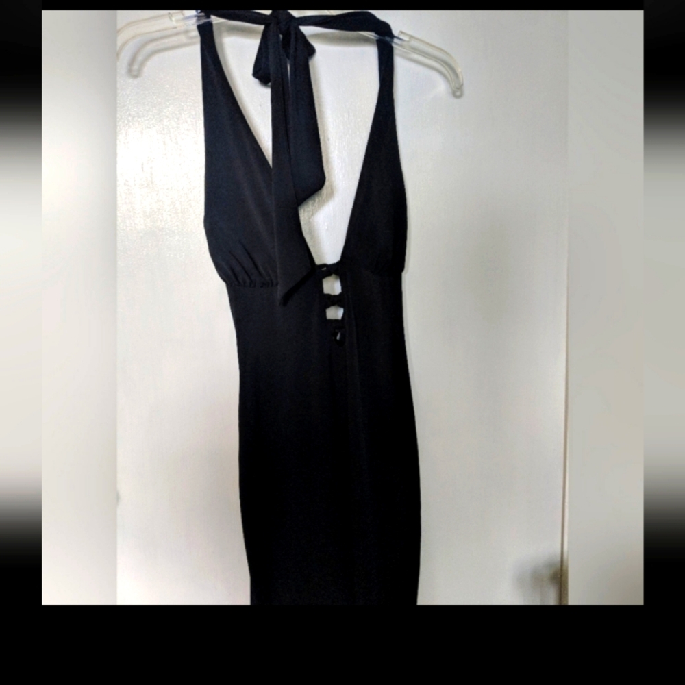Women's Strappy Black Summer Halter Midi Dress Party Wedding Goth Dark Academia
